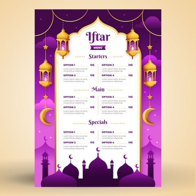 Vecteur gratuit modèle de menu iftar dégradé