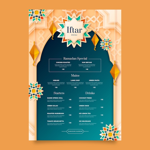 Vecteur gratuit modèle de menu iftar réaliste