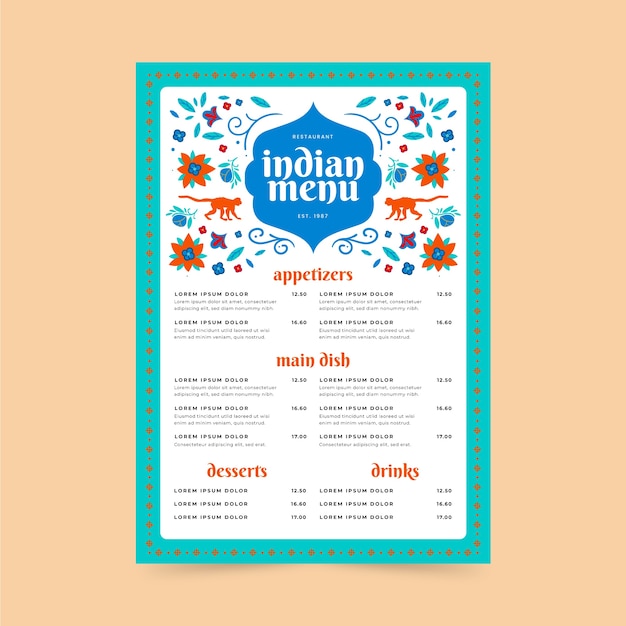 Modèle De Menu Indien Design Plat Dessiné à La Main