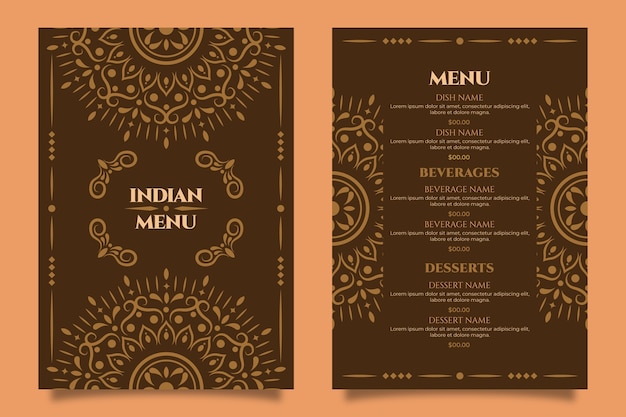 Vecteur gratuit modèle de menu indien design plat dessiné à la main