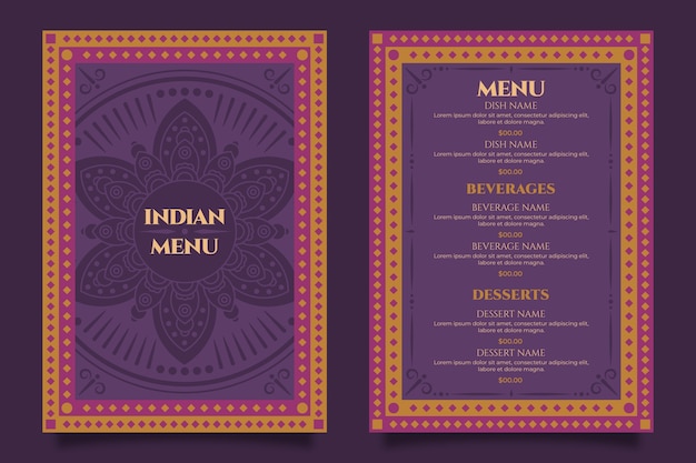 Vecteur gratuit modèle de menu indien design plat dessiné à la main