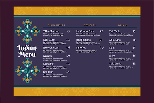 Modèle De Menu Indien Design Plat