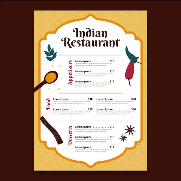 Modèle De Menu Indien Design Plat