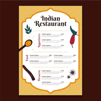 Modèle de menu indien design plat