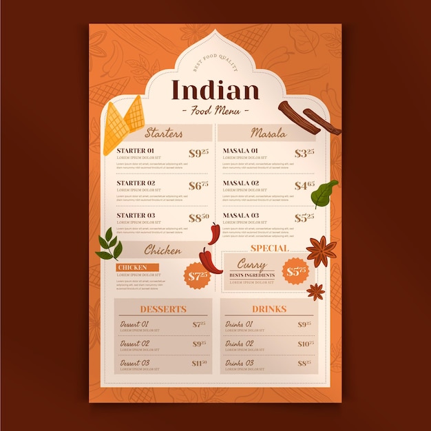 Vecteur gratuit modèle de menu indien plat