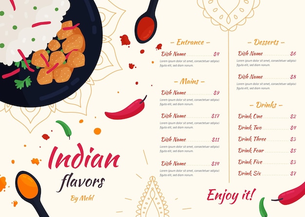 Vecteur gratuit modèle de menu indien plat