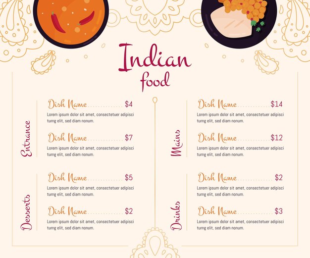 Vecteur gratuit modèle de menu indien plat