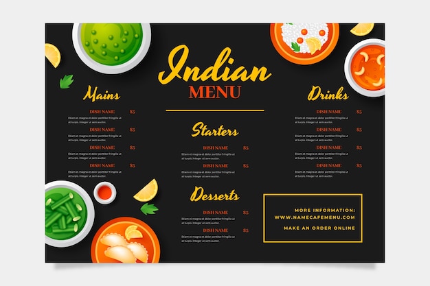 Vecteur gratuit modèle de menu indien réaliste