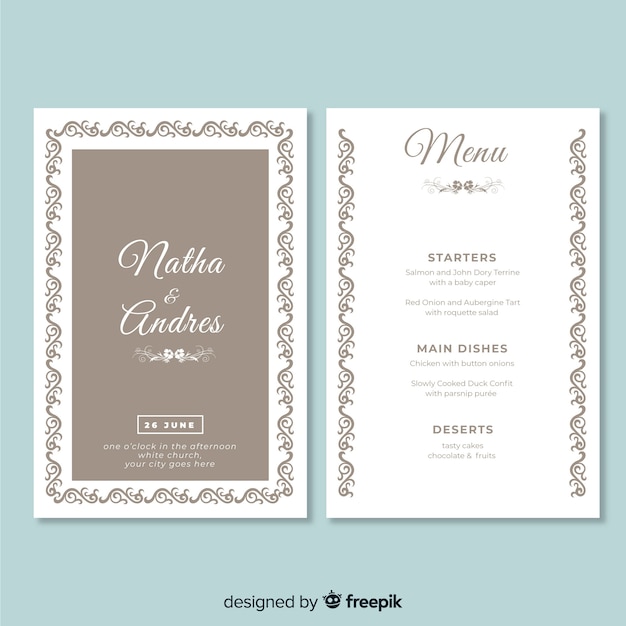 Vecteur gratuit modèle de menu de mariage dessiné à la main