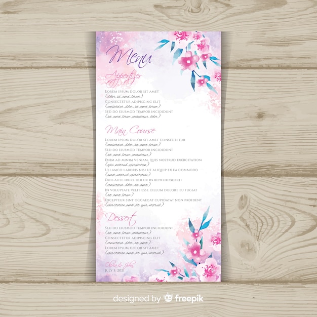 Modèle De Menu De Mariage Floral Aquarelle