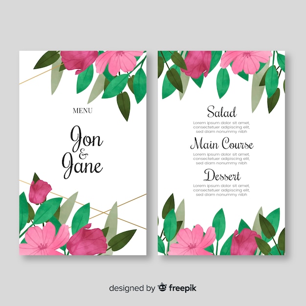 Vecteur gratuit modèle de menu de mariage de style aquarelle