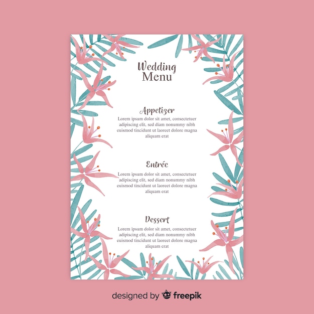 Modèle De Menu De Mariage De Style Aquarelle