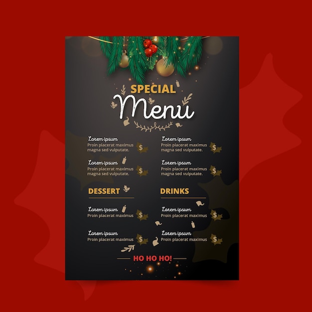 Vecteur gratuit modèle de menu de noël festif