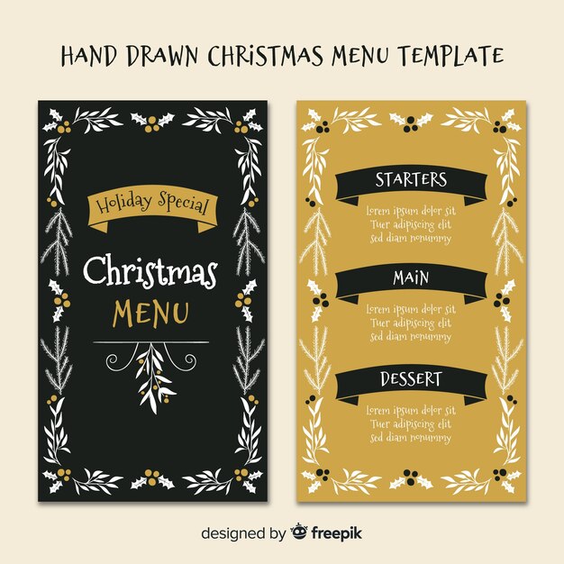 Modèle de menu de Noël feuilles dessinées à la main