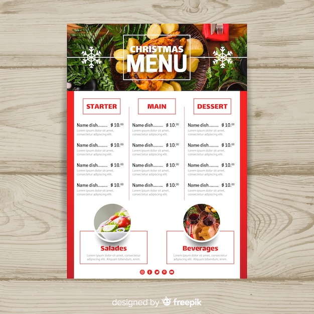 Vecteur gratuit modèle de menu de noël flocon de neige photographique