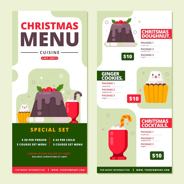 Vecteur gratuit modèle de menu de noël plat