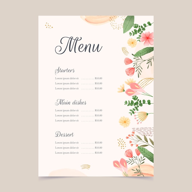 Vecteur gratuit modèle de menu de nourriture florale aquarelle