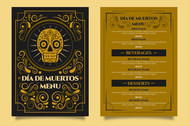 Modèle De Menu Plat Dia De Muertos Dessiné à La Main