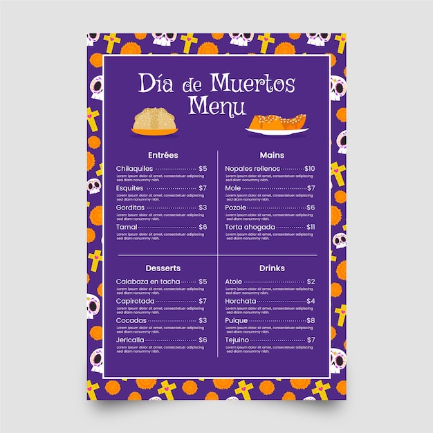 Vecteur gratuit modèle de menu plat dia de muertos dessiné à la main