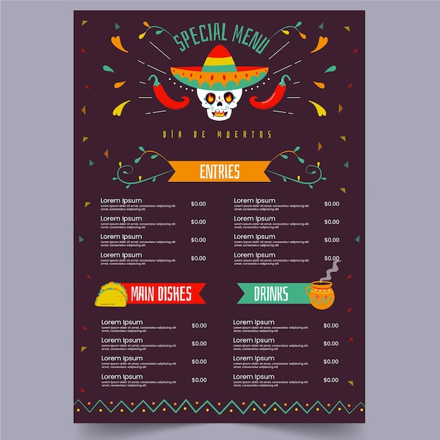 Modèle De Menu Plat Dia De Muertos Dessiné à La Main