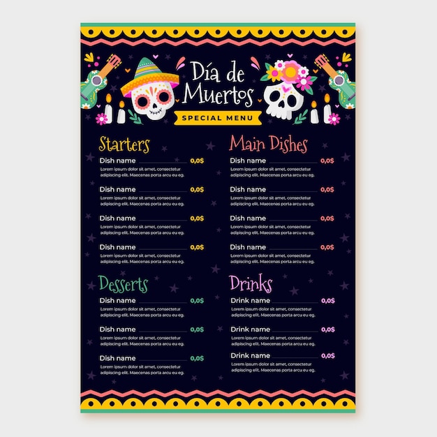 Vecteur gratuit modèle de menu plat dia de muertos