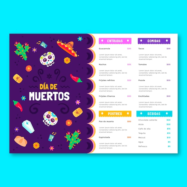 Vecteur gratuit modèle de menu plat dia de muertos