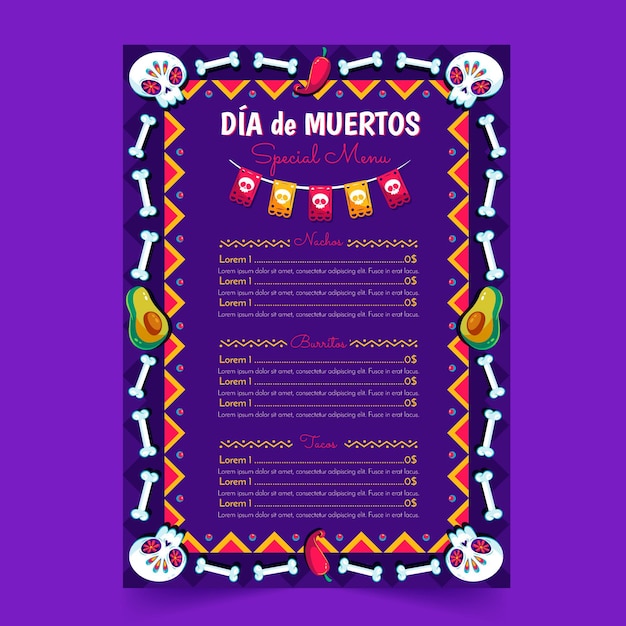 Vecteur gratuit modèle de menu plat dia de muertos