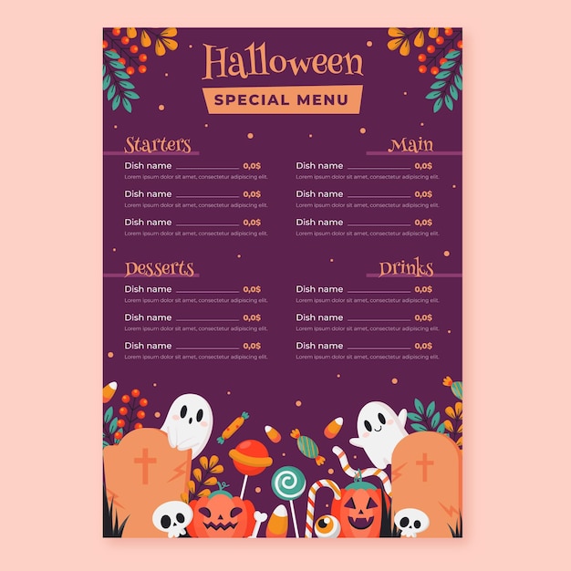 Vecteur gratuit modèle de menu plat halloween