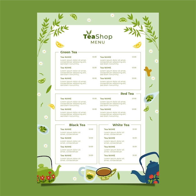 Vecteur gratuit modèle de menu plat international du jour du thé