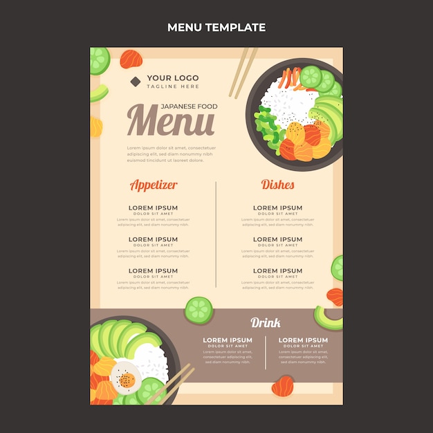 Vecteur gratuit modèle de menu poke design plat dessiné à la main