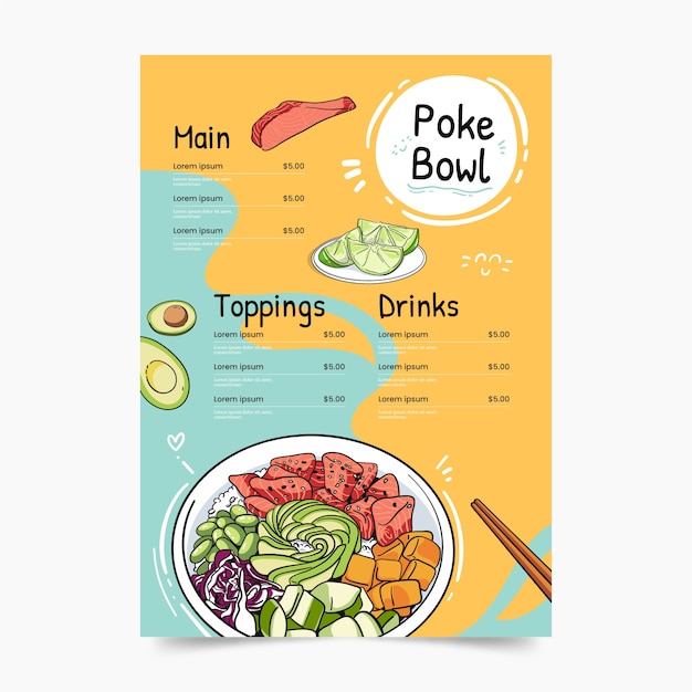 Vecteur gratuit modèle de menu poke dessiné à la main