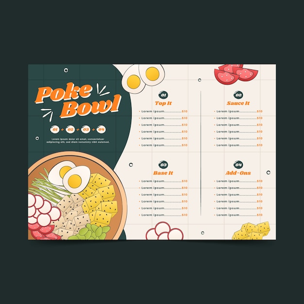 Vecteur gratuit modèle de menu poke dessiné à la main