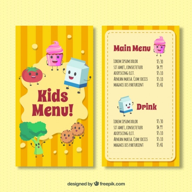Vecteur gratuit le modèle de menu pour enfants avec des ingrédients heureux