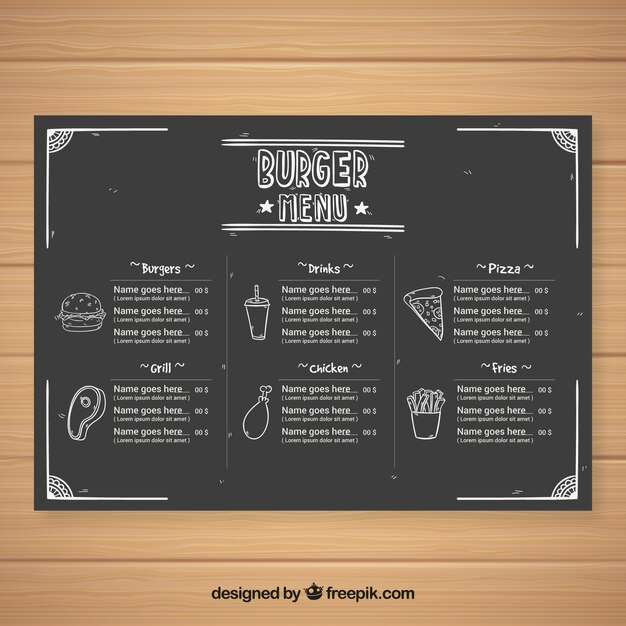 Modèle de menu pour restaurant de restauration rapide dans le style tableau noir