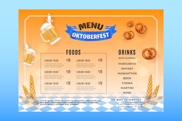 Vecteur gratuit modèle de menu réaliste pour la célébration du festival de la bière oktoberfest