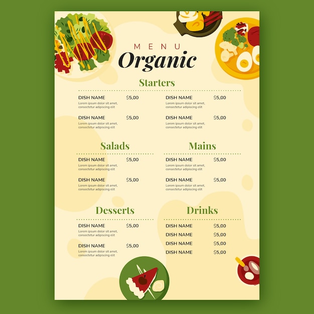 Vecteur gratuit modèle de menu de restaurant avec des aliments biologiques