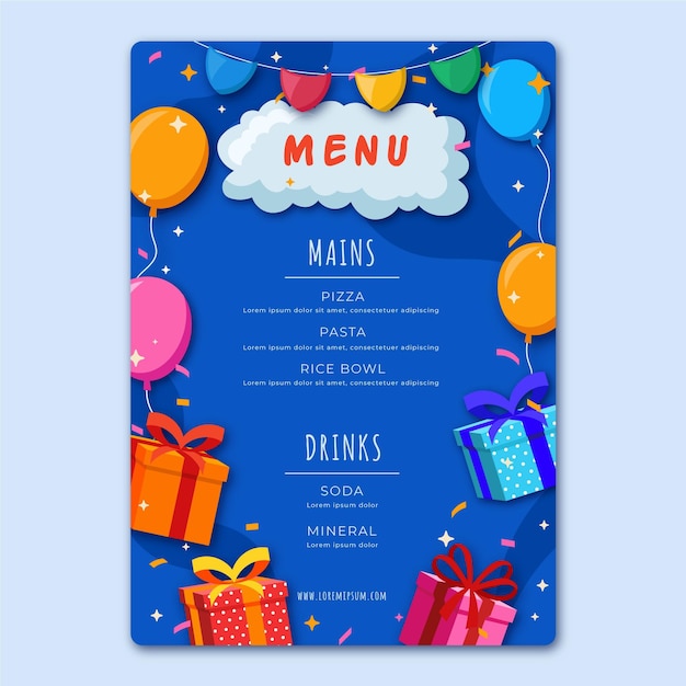 Vecteur gratuit modèle de menu de restaurant d'anniversaire