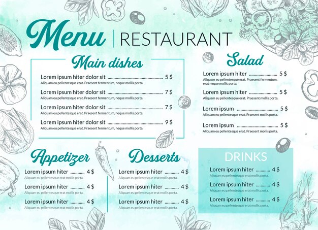 Modèle de menu de restaurant aquarelle