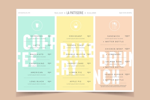 Vecteur gratuit modèle de menu de restaurant aux couleurs pastel