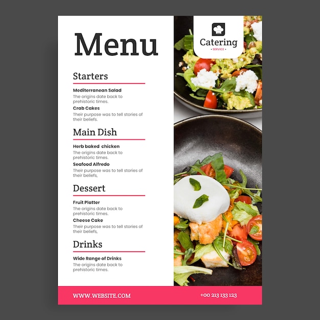 Vecteur gratuit modèle de menu de restaurant avec choix de plats