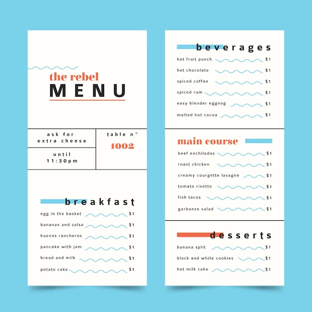 Vecteur gratuit modèle de menu de restaurant coloré minimaliste