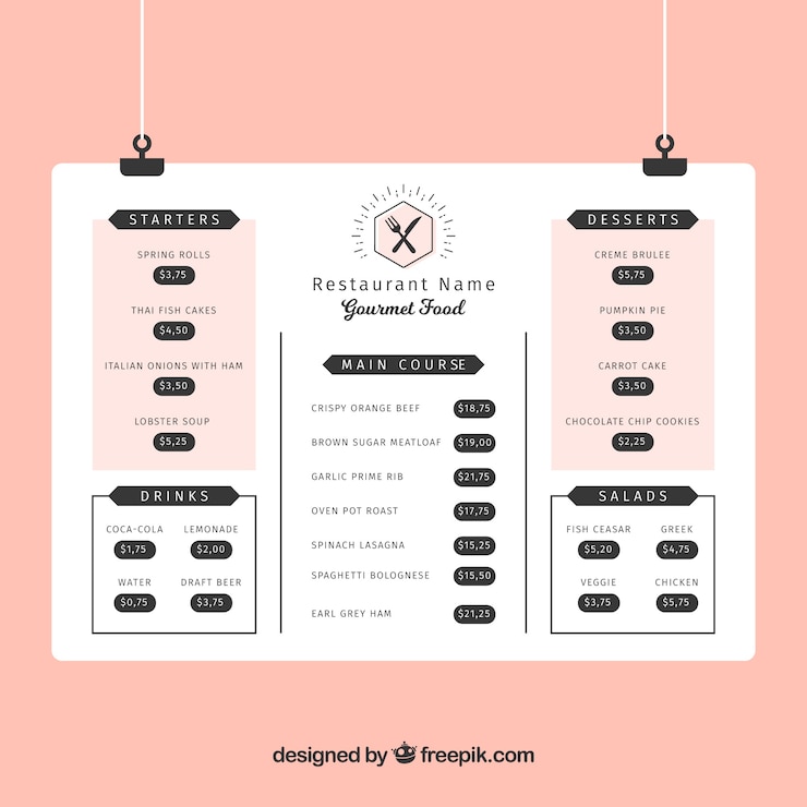Vecteur gratuit modèle de menu de restaurant dans le style plat