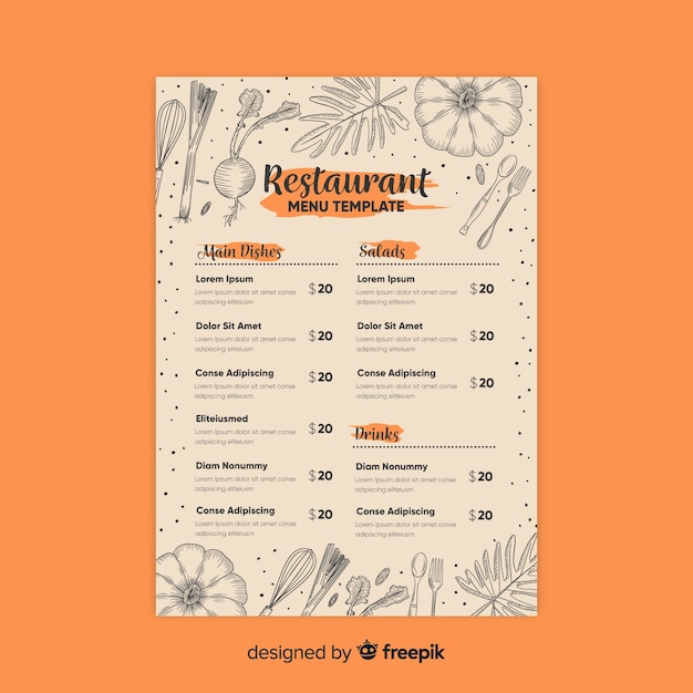 Vecteur gratuit modèle de menu de restaurant élégant avec des dessins