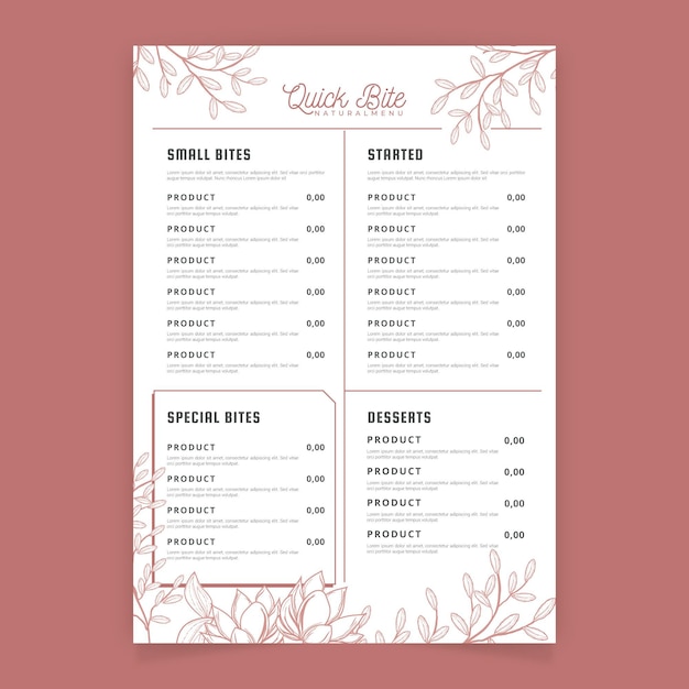 Modèle de menu de restaurant avec des feuilles