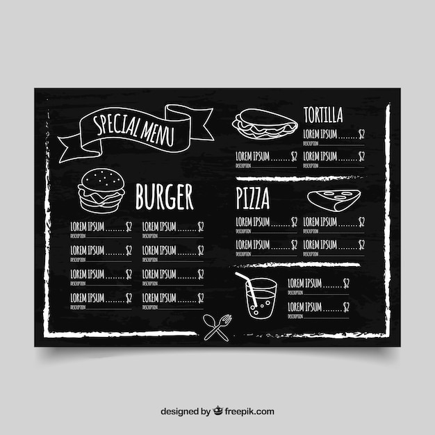 Vecteur gratuit modèle de menu de restaurant horizontal dans le style de tableau noir