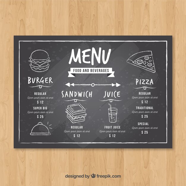 Modèle de menu de restaurant horizontal dans le style de tableau noir