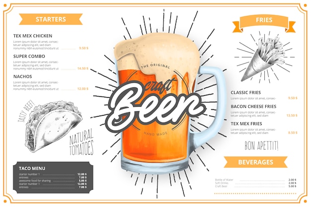 Modèle De Menu De Restaurant Avec Illustration De Bière Artisanale