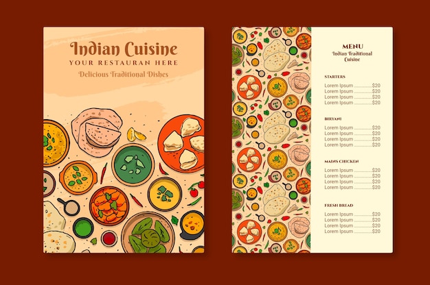 Vecteur gratuit modèle de menu de restaurant indien traditionnel aquarelle