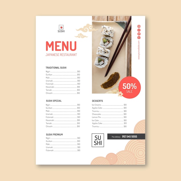 Vecteur gratuit modèle de menu de restaurant japonais