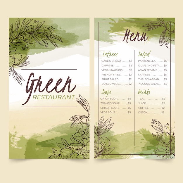 Modèle De Menu De Restaurant De Nourriture Saine Aquarelle